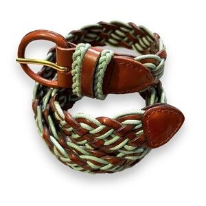 Talbots Braided Leather Belt Medium Vintage 90s Woven Brown Green Preppy Classic